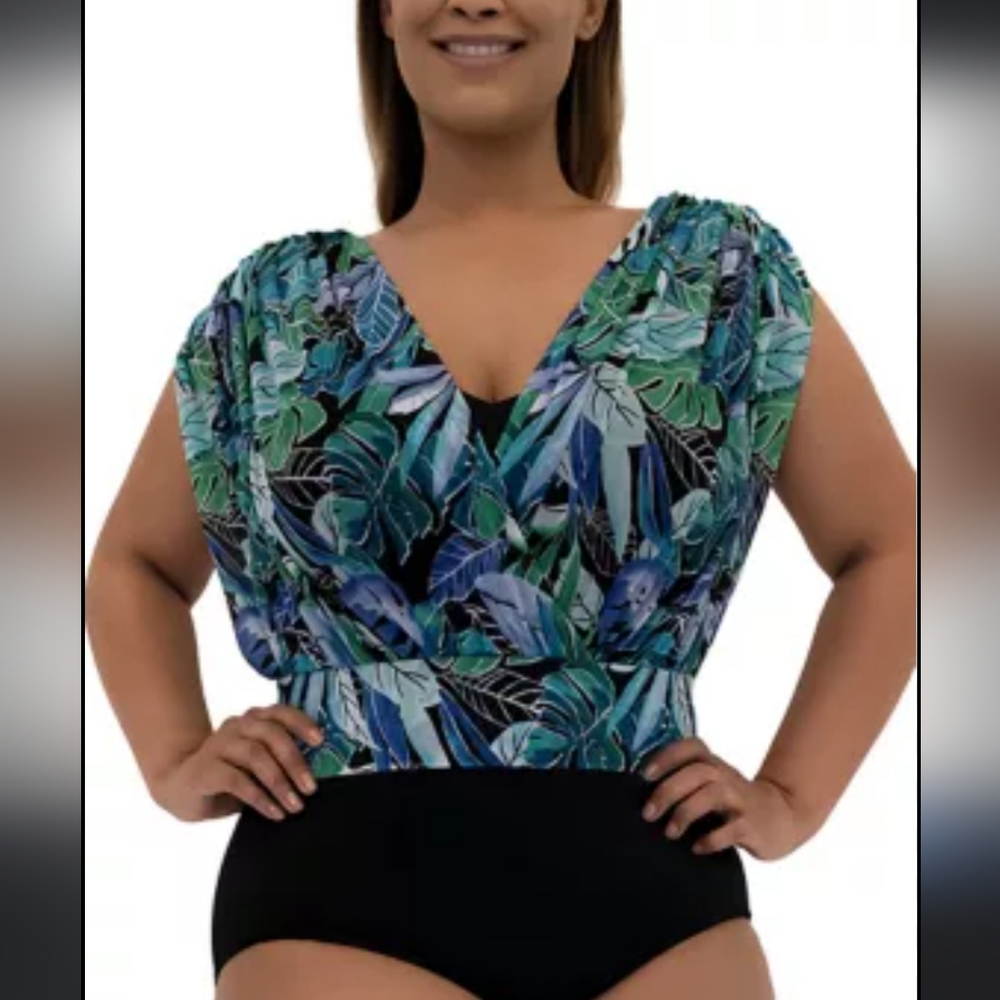 Fit4U Blue Floral Drape Swimsuit. Sz 22w.  New.
